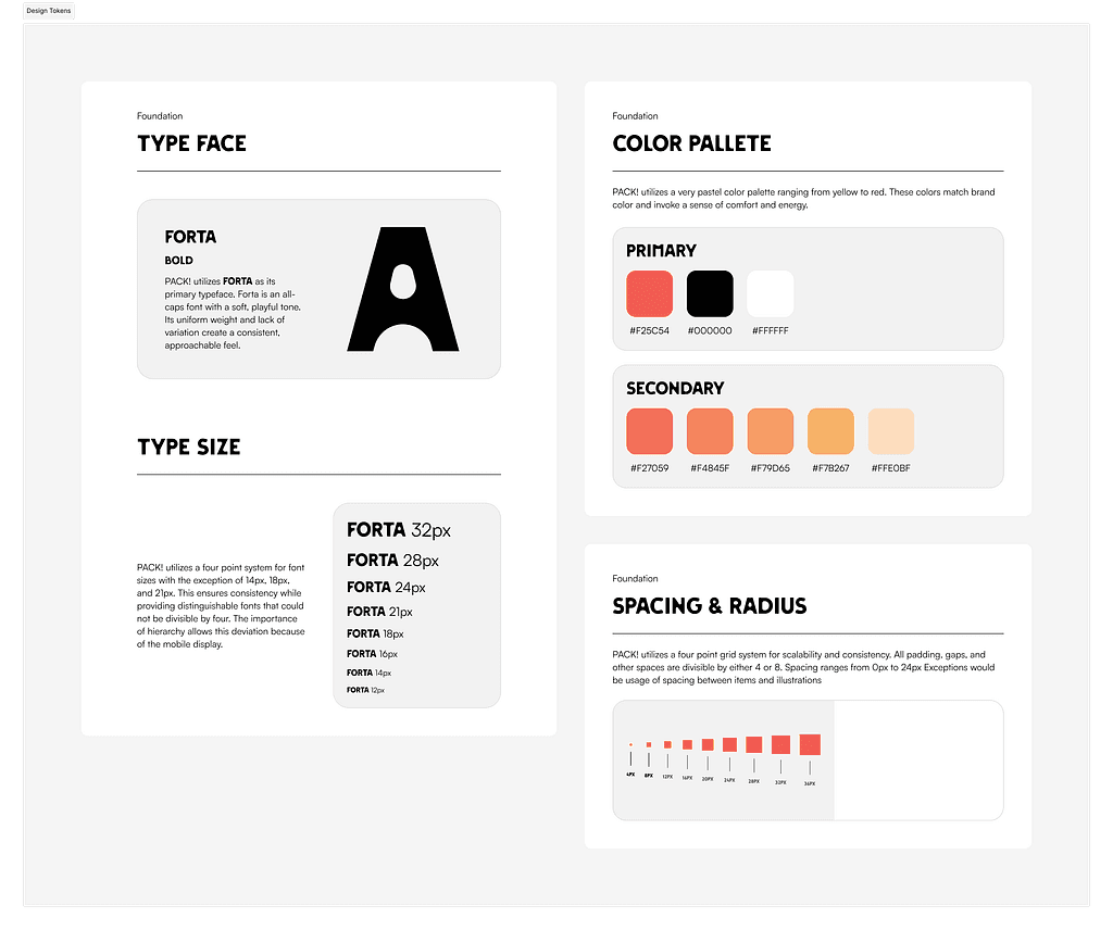 Original PACK! design-token board showing the Forta typeface and type scale, primary and secondary color palette, and four-point spacing system